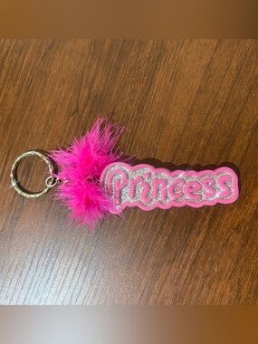 Pink Princess Name Keychain Glitter Acrylic Bag Charm Feather Puff Custom Tag